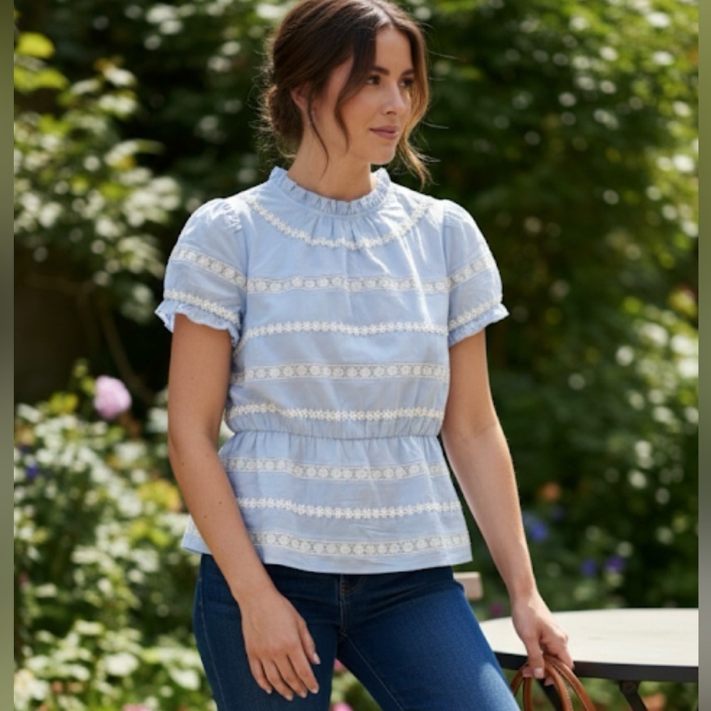 J. Crew Blue and White Puff Sleeve Blouse with Peter Pan Collar